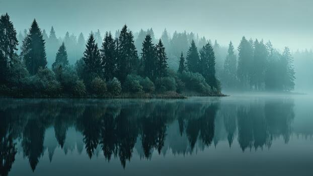 Dark evergreen forest and dense fog reflecting perfectly on a calm still lake surface photo