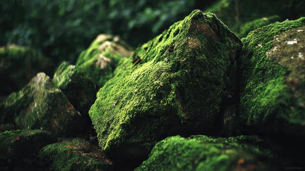 Close up of large rough rocks completely covered in vibrant thick green moss in a dark setting photo