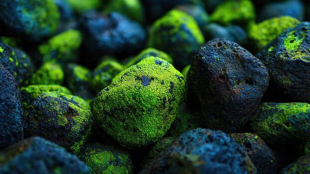 Close up view of dark volcanic rocks heavily covered with vibrant neon green moss or algae 91 characters photo