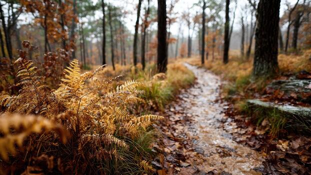 Wet autumn forest path winding through trees with foreground of dry golden ferns photo