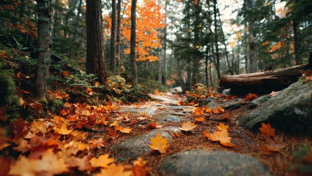 Forest path covered with bright orange maple leaves and dark tree trunks in autumn setting photo