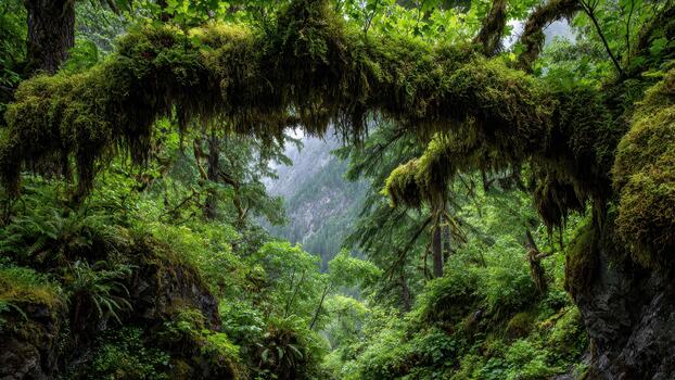 Lush green temperate rainforest with moss covered branches framing a distant misty mountain valley photo