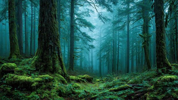 Dense moss covered temperate rainforest with tall evergreen trees in thick atmospheric mist photo