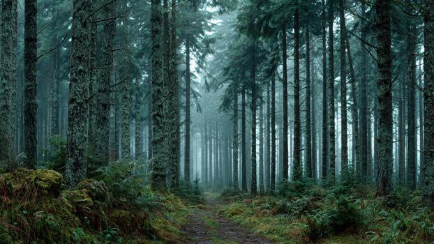 Tall moss covered evergreen trees lining a misty narrow dirt path through a dense dark forest photo