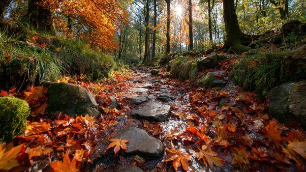 Sunlit forest path paved with wet stones and covered in bright orange autumn leaves photo