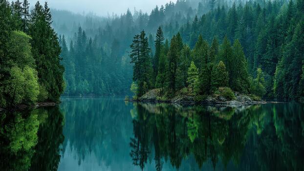 Dense green coniferous forest line reflected perfectly in the calm misty blue water surface photo