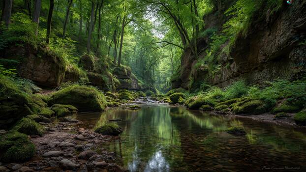 Lush green moss covered rocks line a calm stream flowing through a dense forest canyon photo