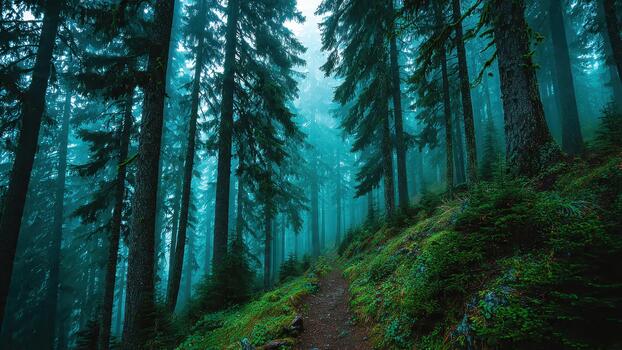 Misty evergreen forest scene with a dark path winding uphill through dense foliage 90 characters photo