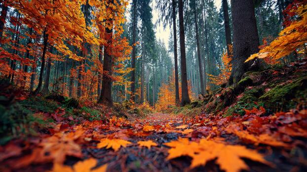 Forest path carpeted with bright orange maple leaves beneath tall evergreen trees photo