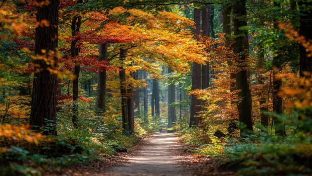 Dirt path winding through a dense forest showing vibrant red and orange autumn foliage on tall trees photo