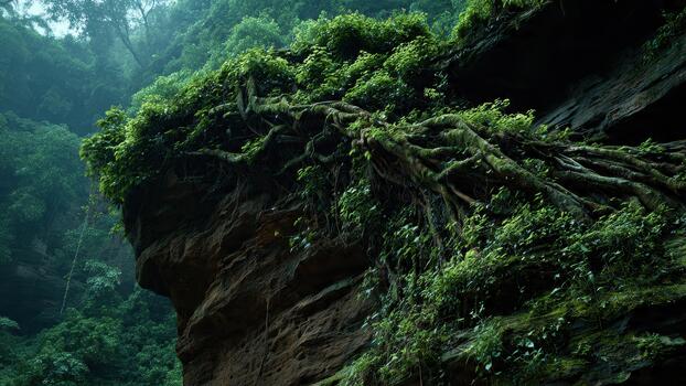 Overgrown jungle rock face with thick mossy tree roots clinging to a dark cliff edge photo