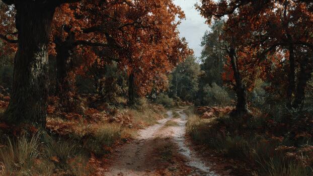 An overgrown dirt path winds through a dense forest with tall trees showcasing vibrant autumn foliage 105 characters photo