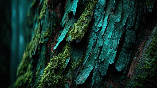 Close up of rough deeply textured tree bark covered in vibrant green moss illuminated by cyan light photo