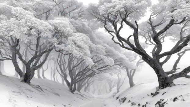 Forest path lined with snow covered frost laden trees shrouded in heavy winter fog photo