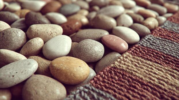 Smooth varied color pebbles resting beside a close up view of textured striped knitted fabric photo