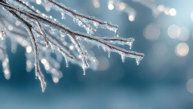 Tree branches encased in shimmering ice show dripping icicles against a soft blue bokeh background photo