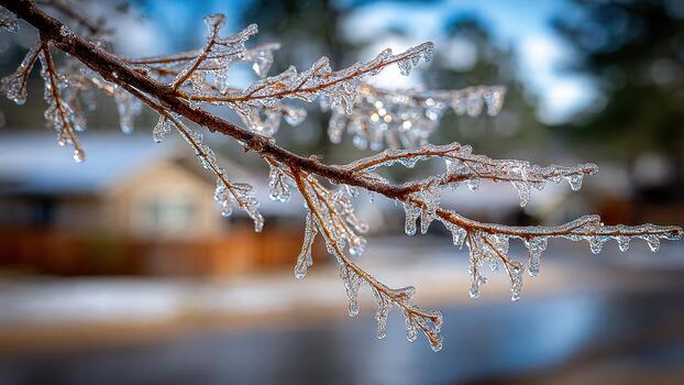 Tree branches coated in clear ice droplets after a winter freezing rain event close up photo