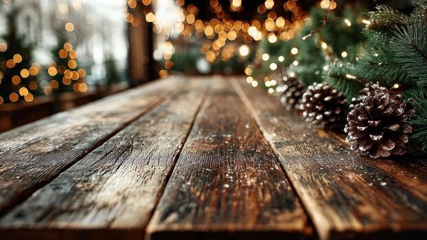oscuro de madera mesa superficie con pino conos abeto rama y calentar bokeh luces en el antecedentes foto