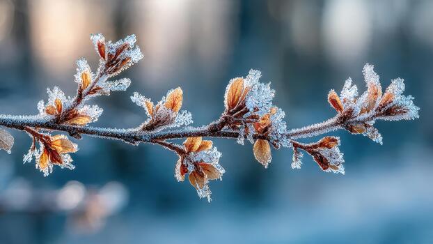 escarcha cubierto árbol rama brotes demostración naranja hojas y hielo cristales en contra un azul antecedentes foto