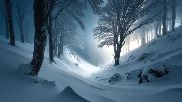 Bare deciduous trees line a steep snow covered ravine under a bright misty sky photo
