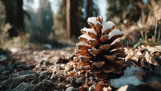 Close up view of a snow capped pinecone resting on rocky forest ground with trees blurred in background photo