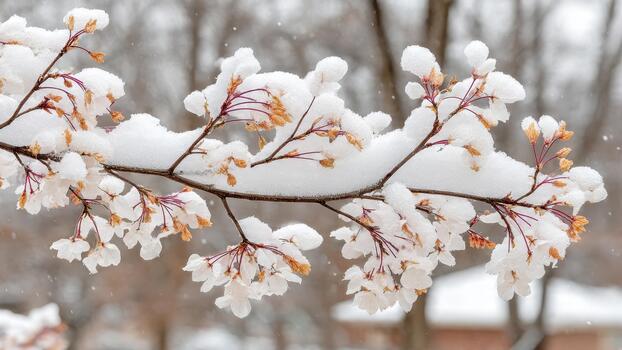Cereza árbol flores cubierto con Fresco nieve en un rama durante un invierno nevada evento foto