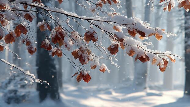 nieve cubierto árbol ramas con seco otoño hojas en contra un brillante brumoso invierno bosque antecedentes foto