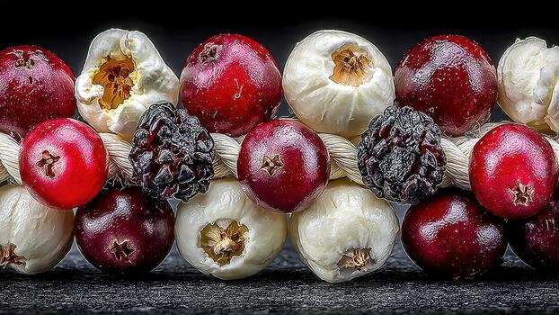 Close up of red cranberries white popcorn kernels and dark dried berries strung on rope photo