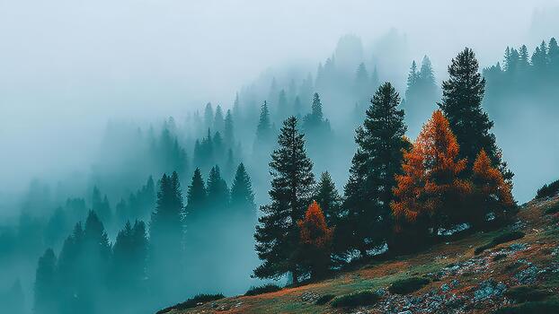 Dense evergreen forest slope shrouded in thick blue fog with bright autumn colored trees visible photo