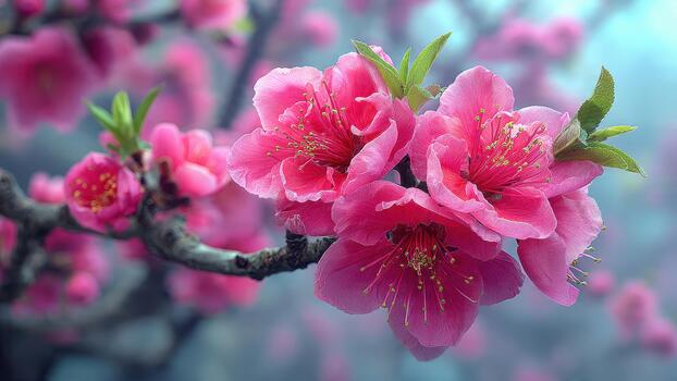 cerca arriba atención en vibrante rosado flores apertura en un oscuro árbol rama con suave antecedentes foto