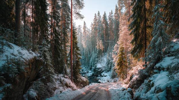 Snowy forest path winds through tall pine trees bathed in soft winter sunlight photo