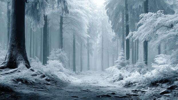 Towering frosted pine trees line a misty snow covered forest path in cold blue light photo