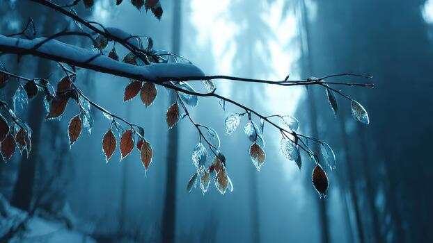 árbol rama con hielo cubierto hojas y ligero nieve en un frío azul bosque ajuste foto