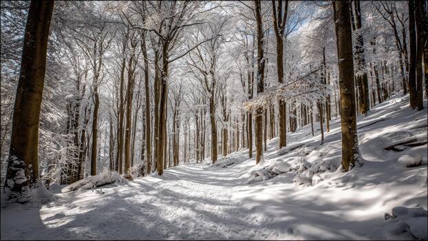 Snow covered winter forest path winding uphill between tall trees with bright sunlight casting long shadows photo