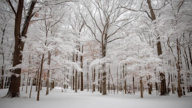 Dense deciduous forest scene completely covered in freshly fallen white snow and frost 92 characters photo
