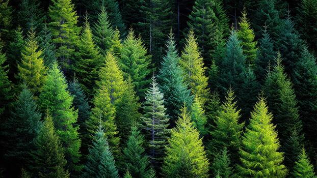 Dense evergreen forest canopy showing varied shades of bright and dark green coniferous trees photo