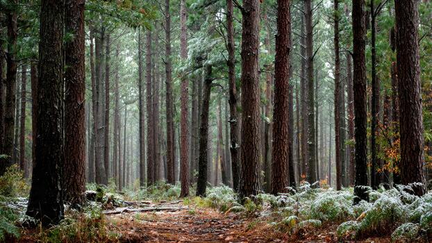 Dense pine forest scene featuring tall tree trunks and a ground path lightly dusted with snow 103 characters photo
