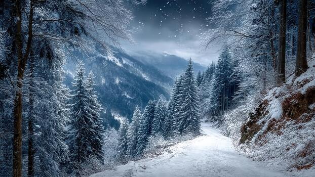 Snowy mountain road winds through a dense forest with frosted pine trees under a dark sky photo