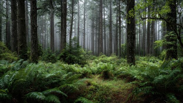 Dense misty temperate rainforest floor covered in lush green ferns and towering redwood trees photo