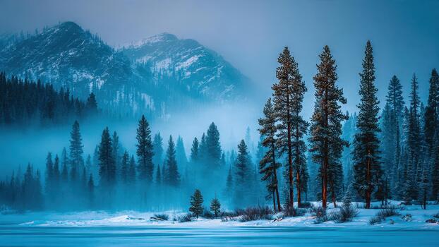 Tall evergreen trees border a frozen lake with misty snow covered mountains in the background photo