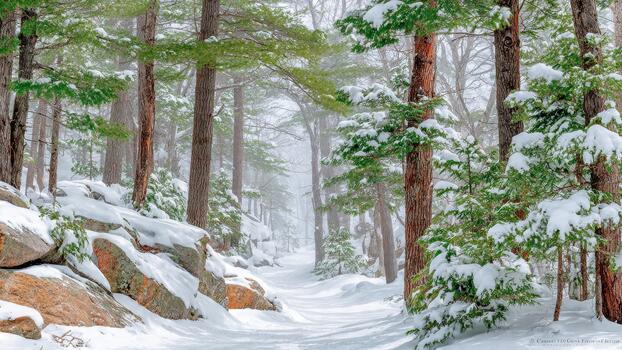 Snow covered forest path winds between tall trees and large frosted granite boulders photo