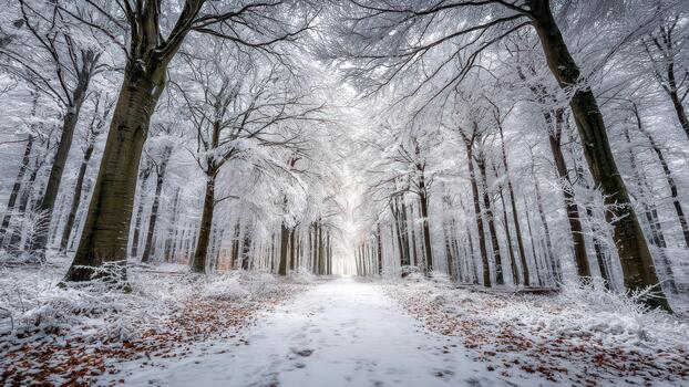 Snowy forest path lined with frost covered trees leading toward bright white light in the distance photo