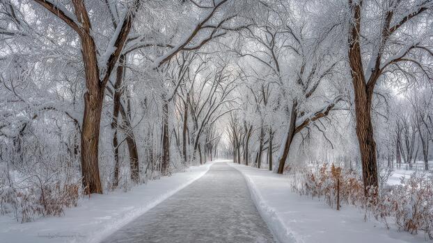 Frosty tree tunnel with a snow covered path leading into a bright winter forest scene photo