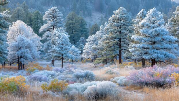 Frost covered pine trees tower above low shrubs with yellow and pink hues in a mountain meadow photo