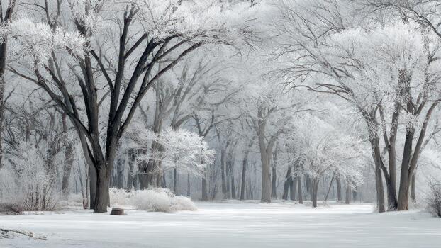 Bare deciduous trees heavily coated in white frost stand above a flat snowy clearing in a winter landscape photo