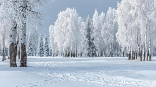 A dense grove of birch trees covered in white frost stands above a snowy field photo