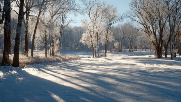 luz de sol yesos largo oscuridad a través de un Nevado bosque claro con escarcha cubierto arboles foto