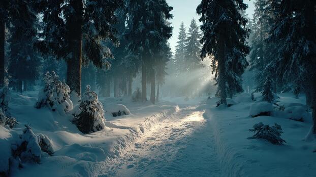 Snow covered forest path with sun rays piercing through dark evergreen trees in winter photo