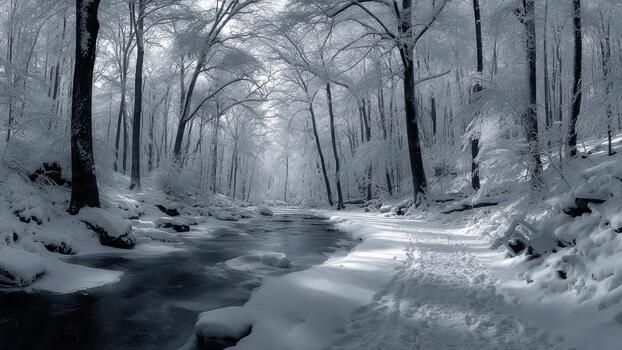 nieve cubierto bosque corriente fluido Entre alto arboles con glacial ramas en un brillante invierno paisaje foto