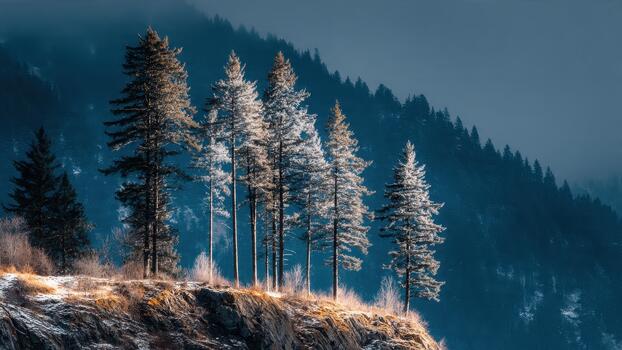 Tall evergreen trees stand illuminated on a snowy ridge against a deep blue misty mountain forest background photo